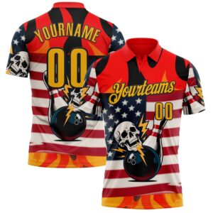 Custom Red Gold-Black 3D American Flag Skull Bowling Performance Polo Shirt